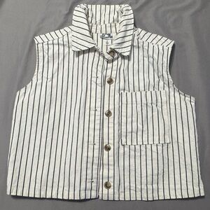 Striped Sleeveless Button-Front Vest - White w/ Black Stripes
